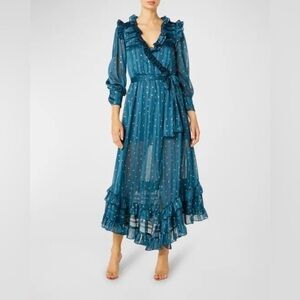 NEW Misa Los Angeles Blue Ruffle Maxi Faux Wrap Long Sleeve V Neck Sheer Dress